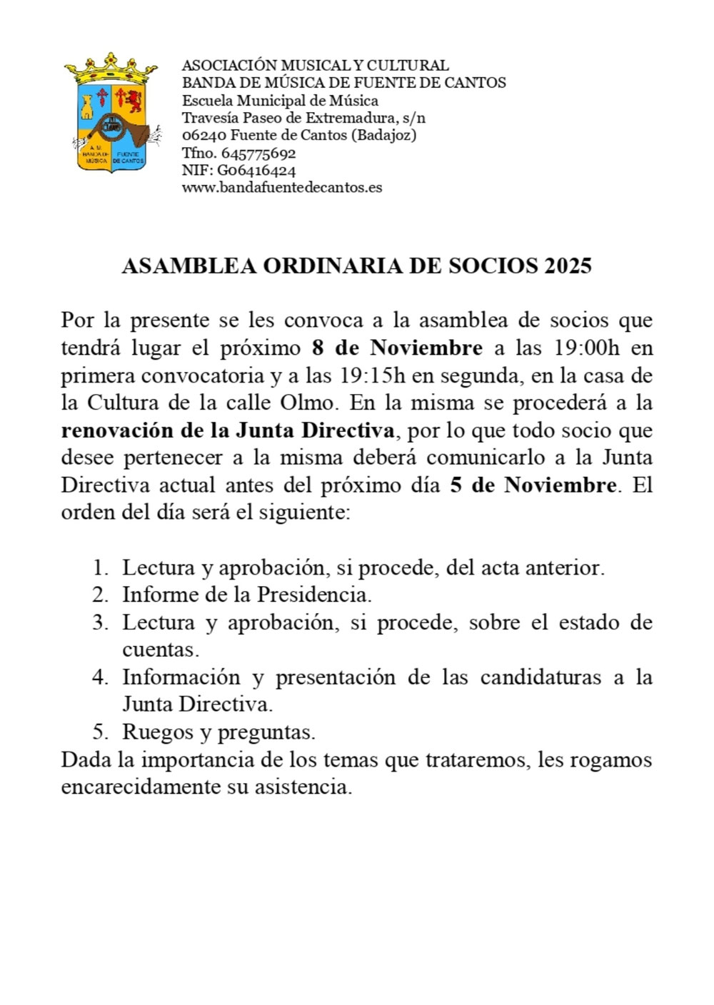 Convocatoria de asamblea para noviembre 2025