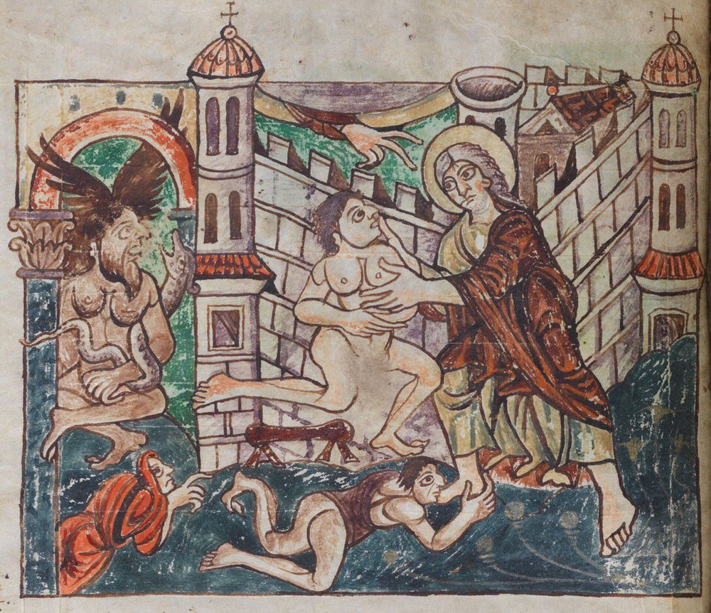 Propagande chrétienne du 9em siècle a Stuttgart. Kernunos reconnaissable mais plus intéressant c'est le personnage habillé d'une saie pourpre qui a l'air d'avoir perdu ses disciples. Le pourpre était une couleur de l'aristocratie gauloise et apparaît dans la mythologie, c'est un ancien druide.