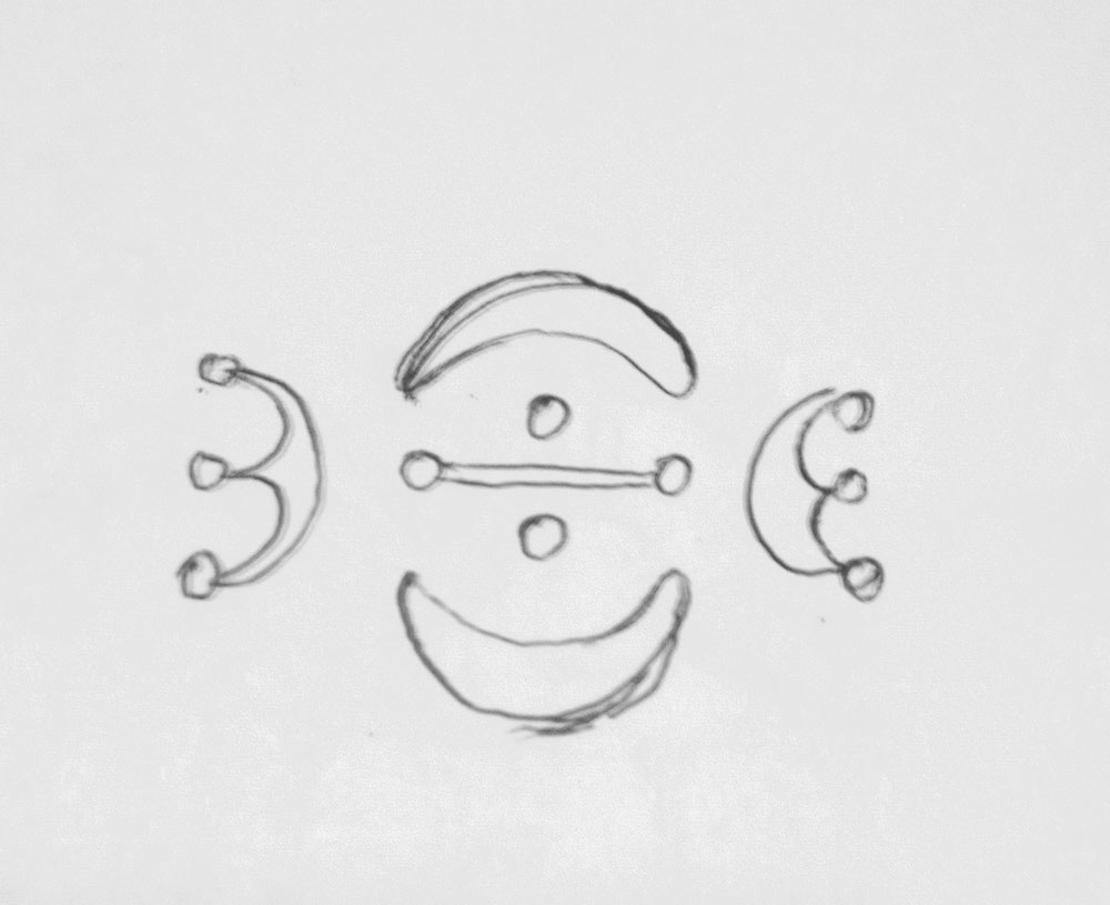 Alors ici on a les symboles de l'animalité et du passé par une triade orientée à gauche. La terre avec le lien entre animalité et spiritualité au centre. Le symbole de séparation entre le ciel et le sol dans le même. Les deux formes de bananes, lunes, désignent l'obscurité et la nuit, on les retrouve sous la forme de coiffes féminines. À droite le symbole en triade désignant le monde spirituel, futur (opposé à celui de l'animalité). C'est donc le glyphe complet des nemetons de la nuit et de la protection.