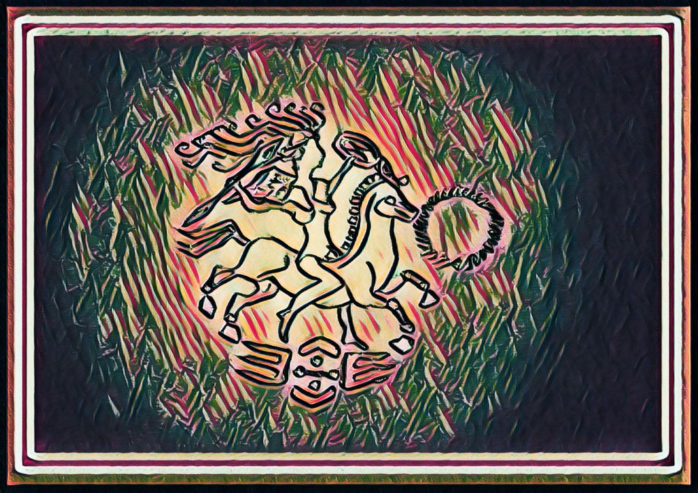 La lune triomphante porte sa lance de lumière, sa cape croisée lui couvre les épaules, ses cheveux ondulants de nuages luisent dans la nuit des temps.
