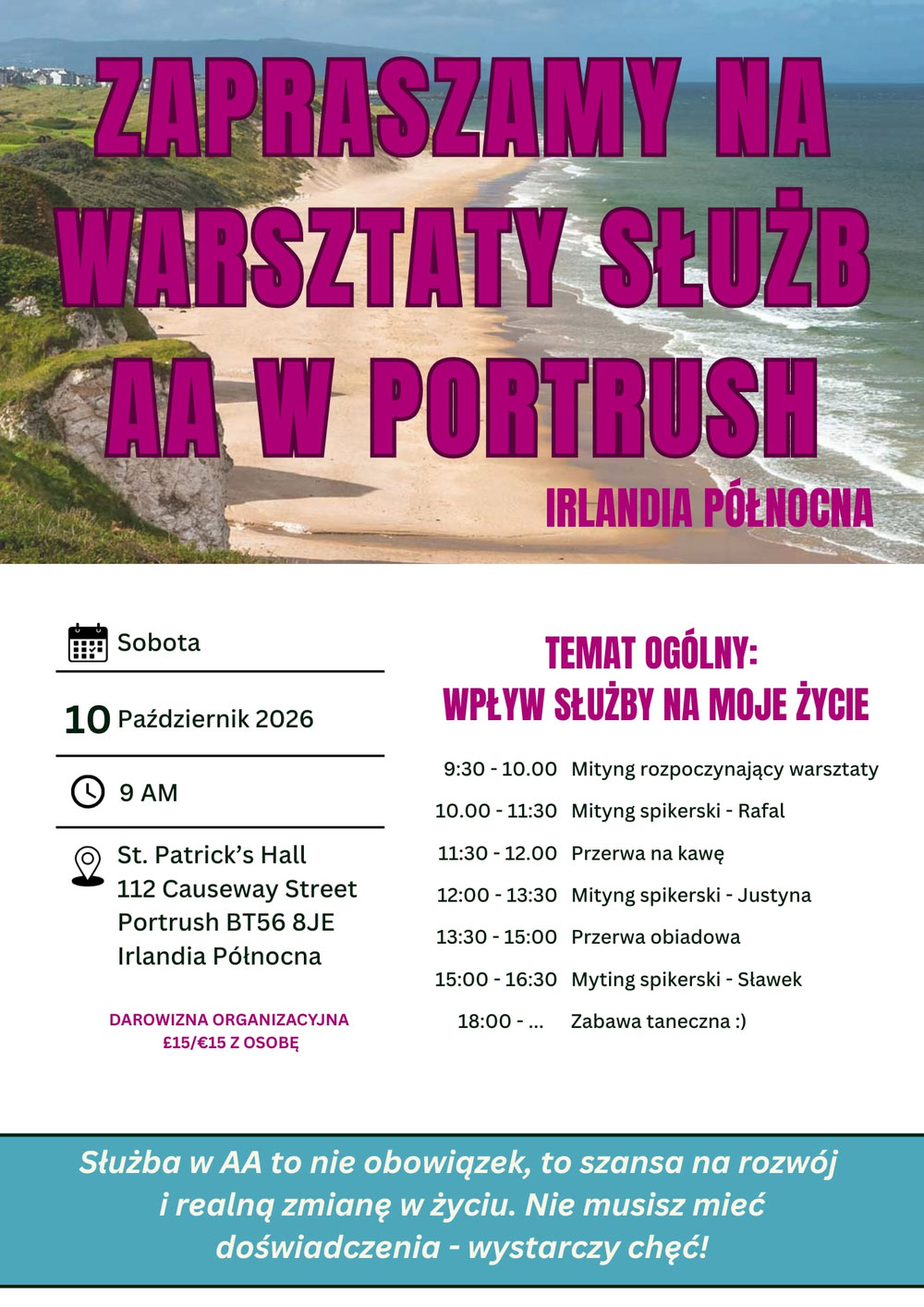 Zapraszamy na warsztaty sluzb AA w Portrush.