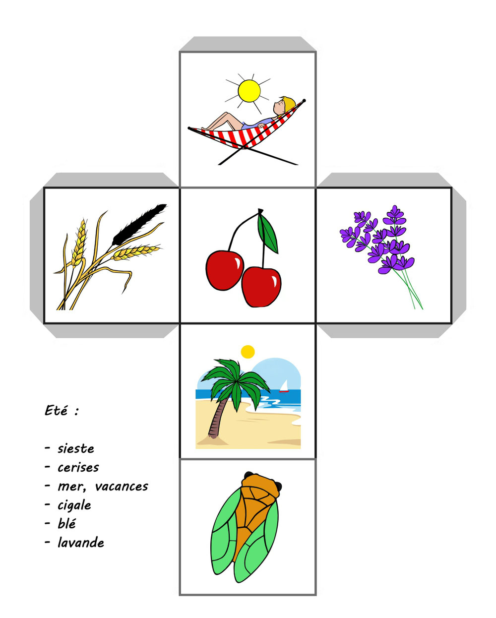 Dé de l'été. Crédits : CC BY-NC-SA / Editions Graines de vent, Enfances, Kithaiku / Conception : Meriem Fresson / Illustrations : Joëlle Ginoux-Duvivier / http://bit.ly/kithaiku