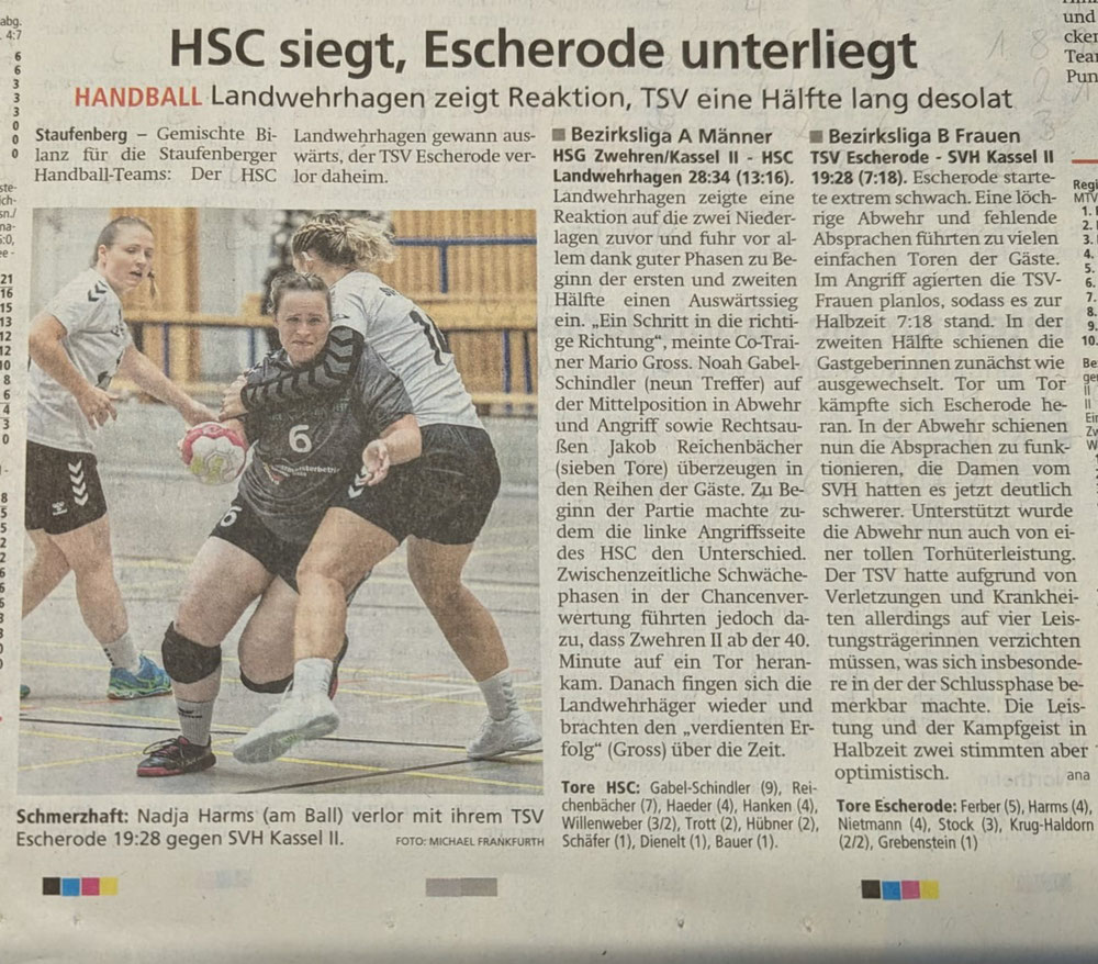 HNA-Artikel vom 24.10.2023 zum Spiel vom 21.10.2023 gegen SVH Kassel II