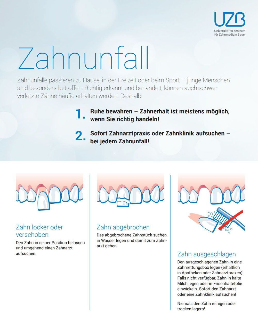 Zahnunfall bleibender Zahn - Poster des Universitären Zentrums für Zahnmedizin Basel 