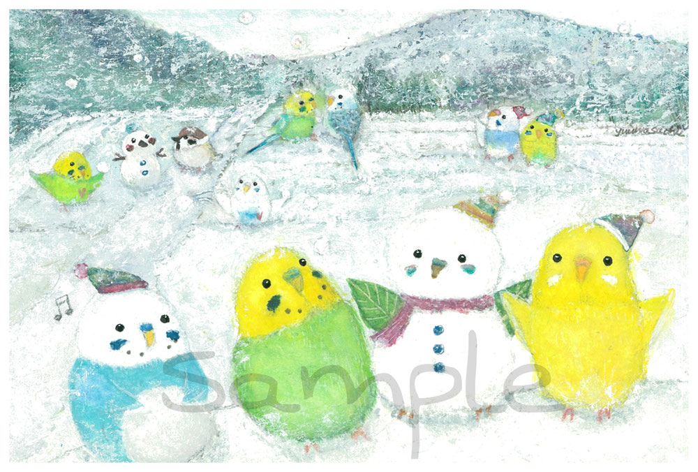 ポストカード 『雪だるまインコ』