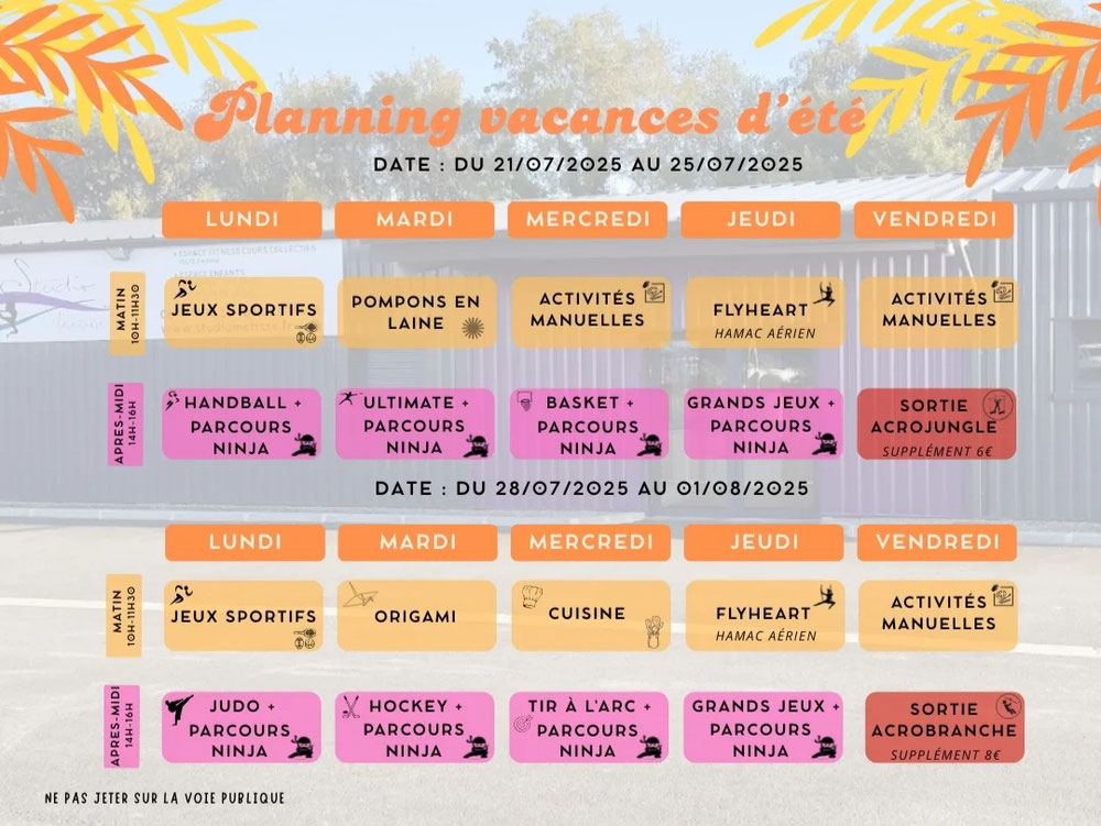 Planning Semaine 21 au 25 juillet 2025