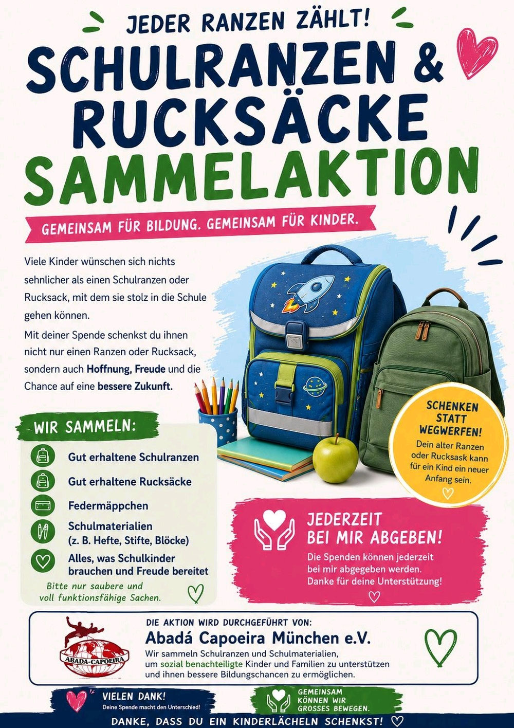 Flyer zur Schulranzen sammelaktion. Bild mit Schulranzen und Infos zur Sammlung