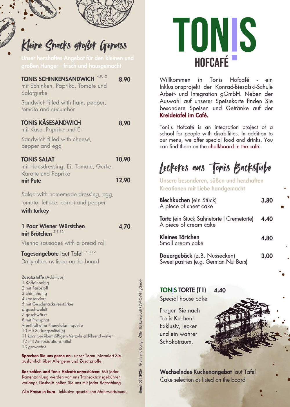 Tonis Hofcafe Speisekarte Speiseauswahl