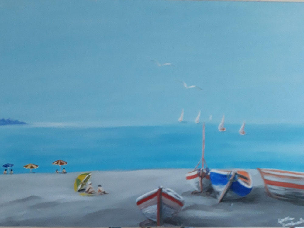 Paesaggio con spiaggia. Olio su tela.  70x50 cm.  € 250.