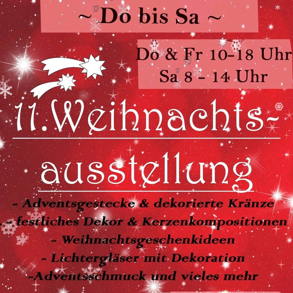 Ab Donnerstag den 25. November findet zum 11ten mal unsere jährliche Adventsausstellung im eigens aufgebauten Weihnachtsmarkt statt. Ihr seid herzlich eingeladen, euch durch glitzernde Schmuckstücke, leuchtende Weihnachtsgestecke und festlich geschmückte Adventskränze in Weihnachtsstimmung versetzen zu lassen. Kommt vorbei! Wir freuen uns über euren Besuch!!! Liebe Grüße vom Sarifleur Team