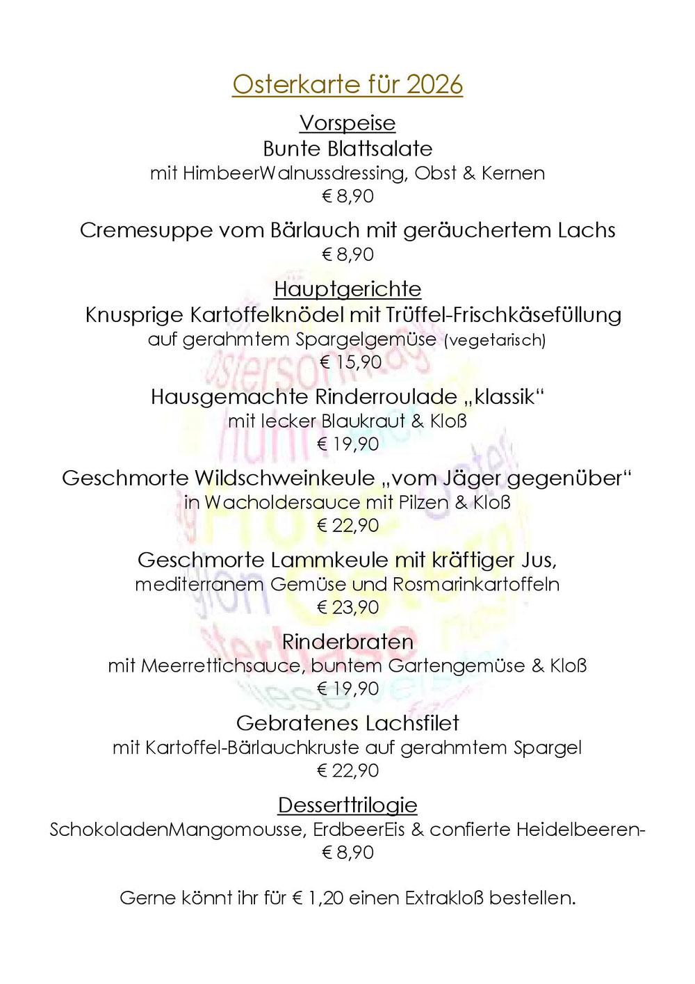 Speisekarte für Ostersonntag