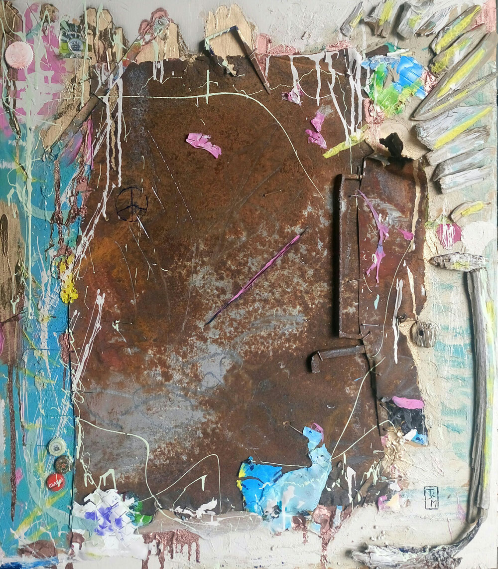 "Treibgut" - Acryl/Lacke/Metall/Fundstücke auf Holzplatte (92x80) 560€
