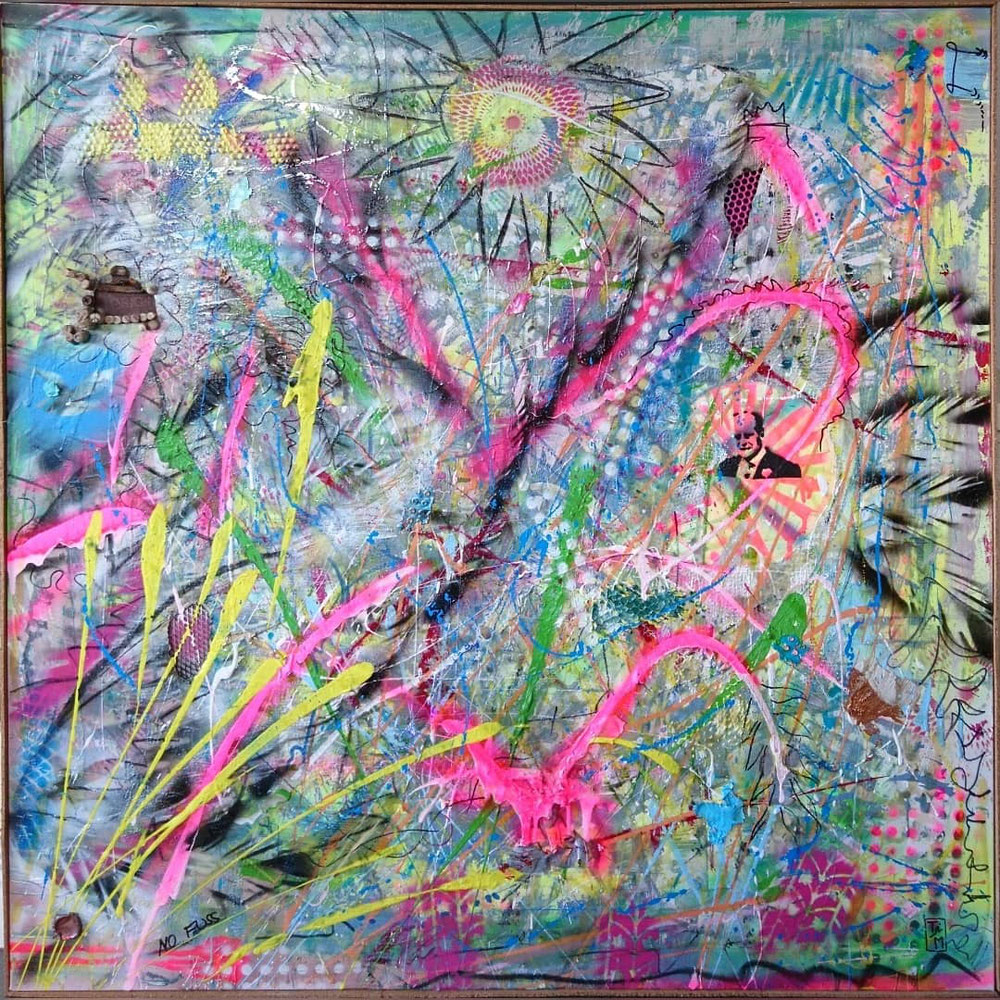"No fuss" - Acryl/Lacke/Materialmix auf Leinwand (100x100) 480€ 