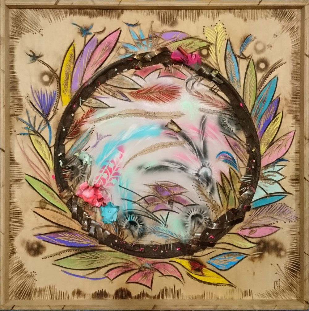 "Black hole sun" - Kreiden/Lacke/Metall auf Sperrholzplatte (84x84cm - gerahmt) 550€ 