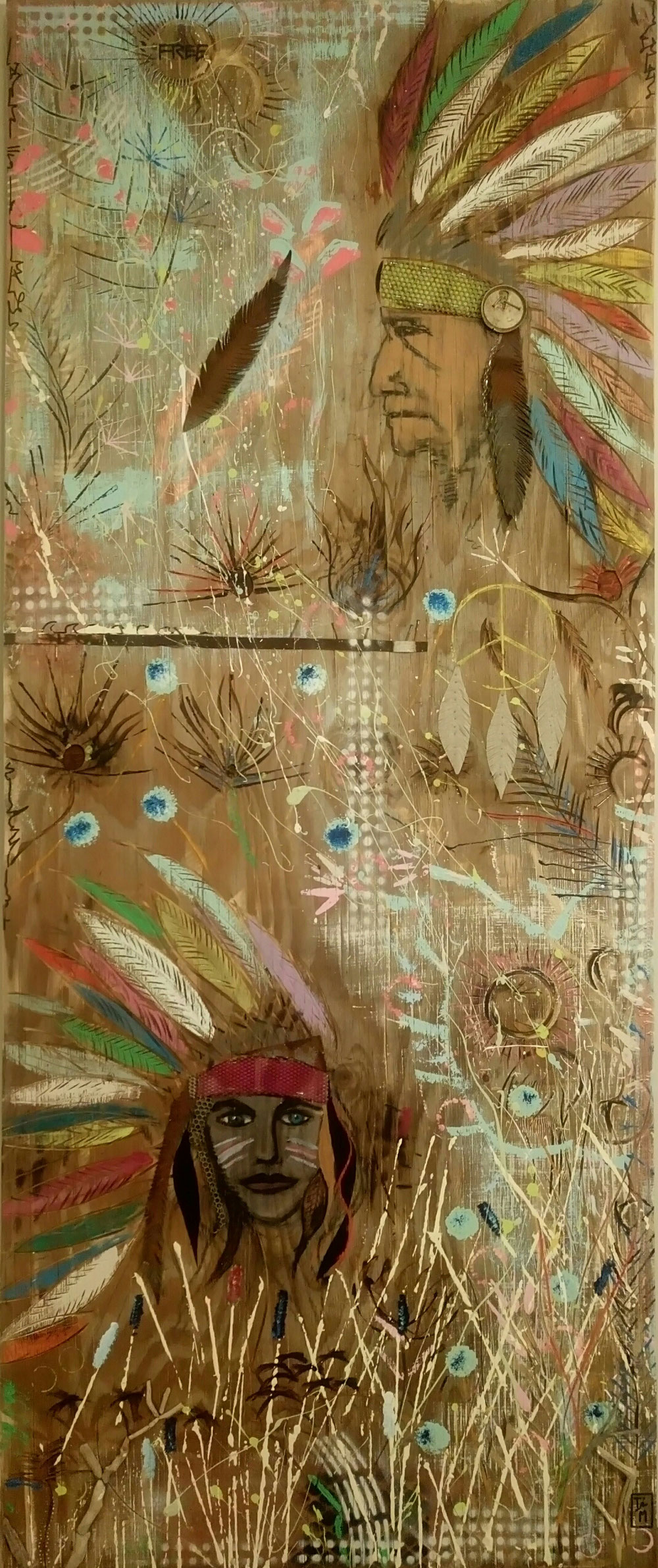 "feathers and peace" - Acryl/Kreiden/Metall/Holz auf bearbeiteter Holzplatte (220x92) 780€ 