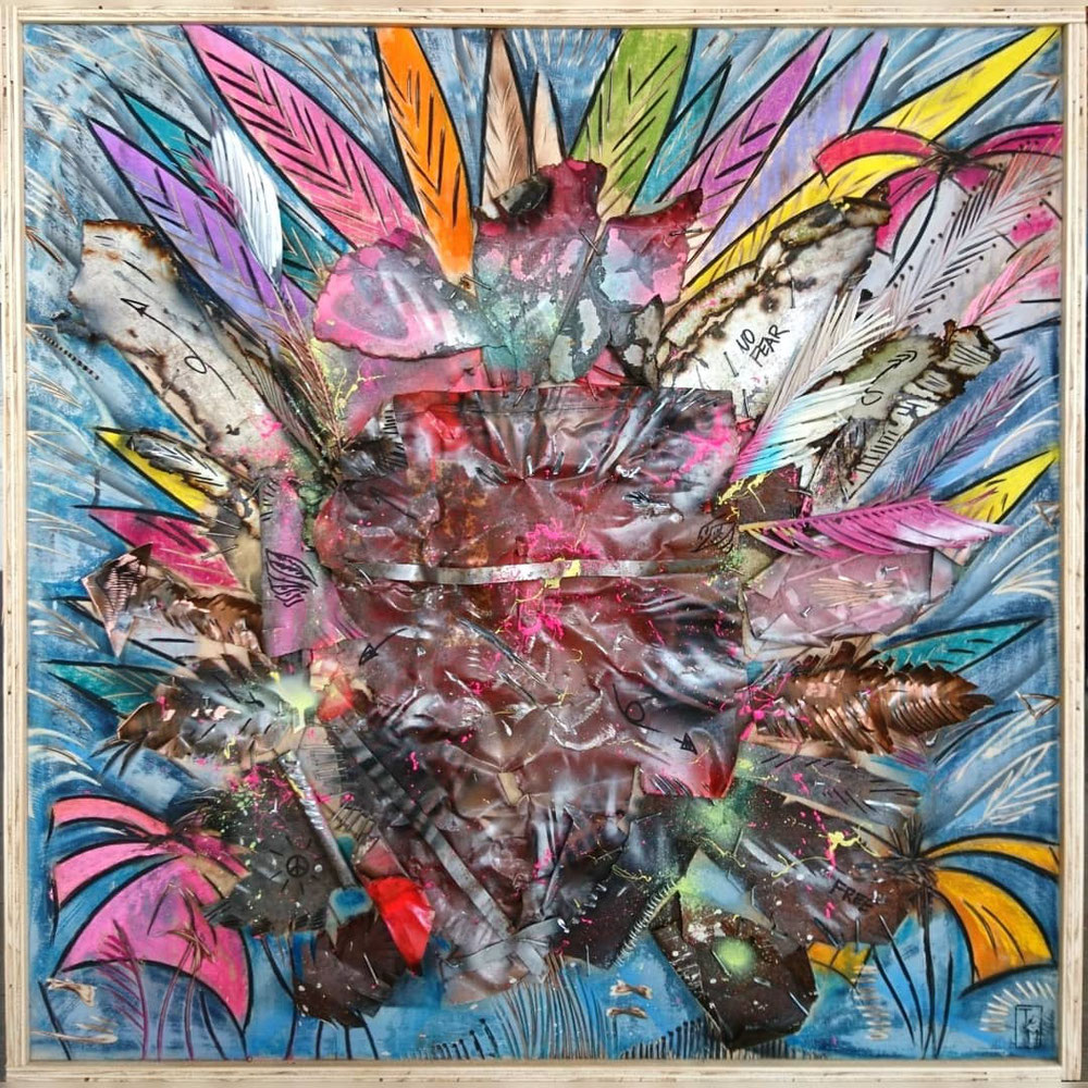 "No fear" - Metall/Lacke/Kreiden auf Sperrholzplatte (100x100 - gerahmt) 620€ 