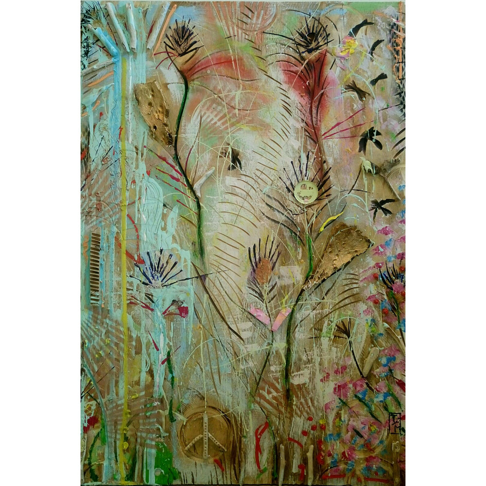 "HolzART #4" - Acryl/Kreiden/Holz auf Sperrholzplatte (90x60) 420€