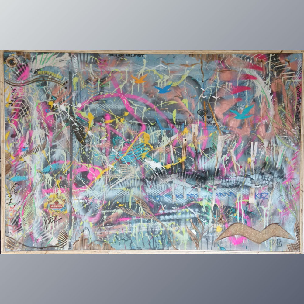 "Smells like Kiez spirit" - Acryl/Metall/Kreiden auf Sperrholzplatte (128x88) 540€