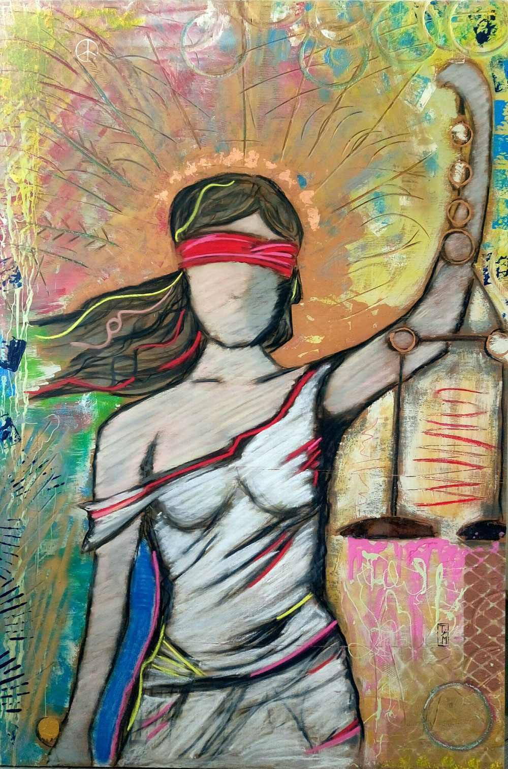 "Justitia" - Acryl/Kreiden/Metall auf Holz (120x80) 🔴