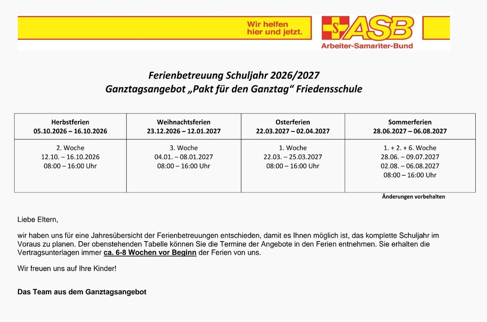Ferienbetreuung Schuljahr 2026/2027