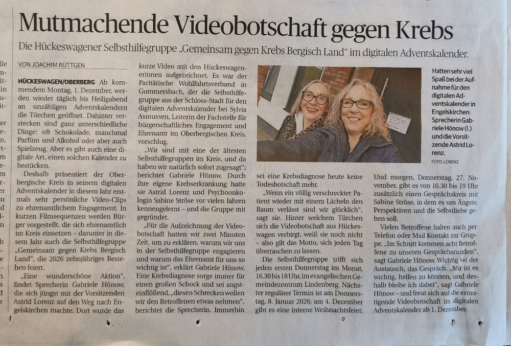 Zeitungsartikel vom 26.11.25, Danke an die BM für den schönen Artikel 