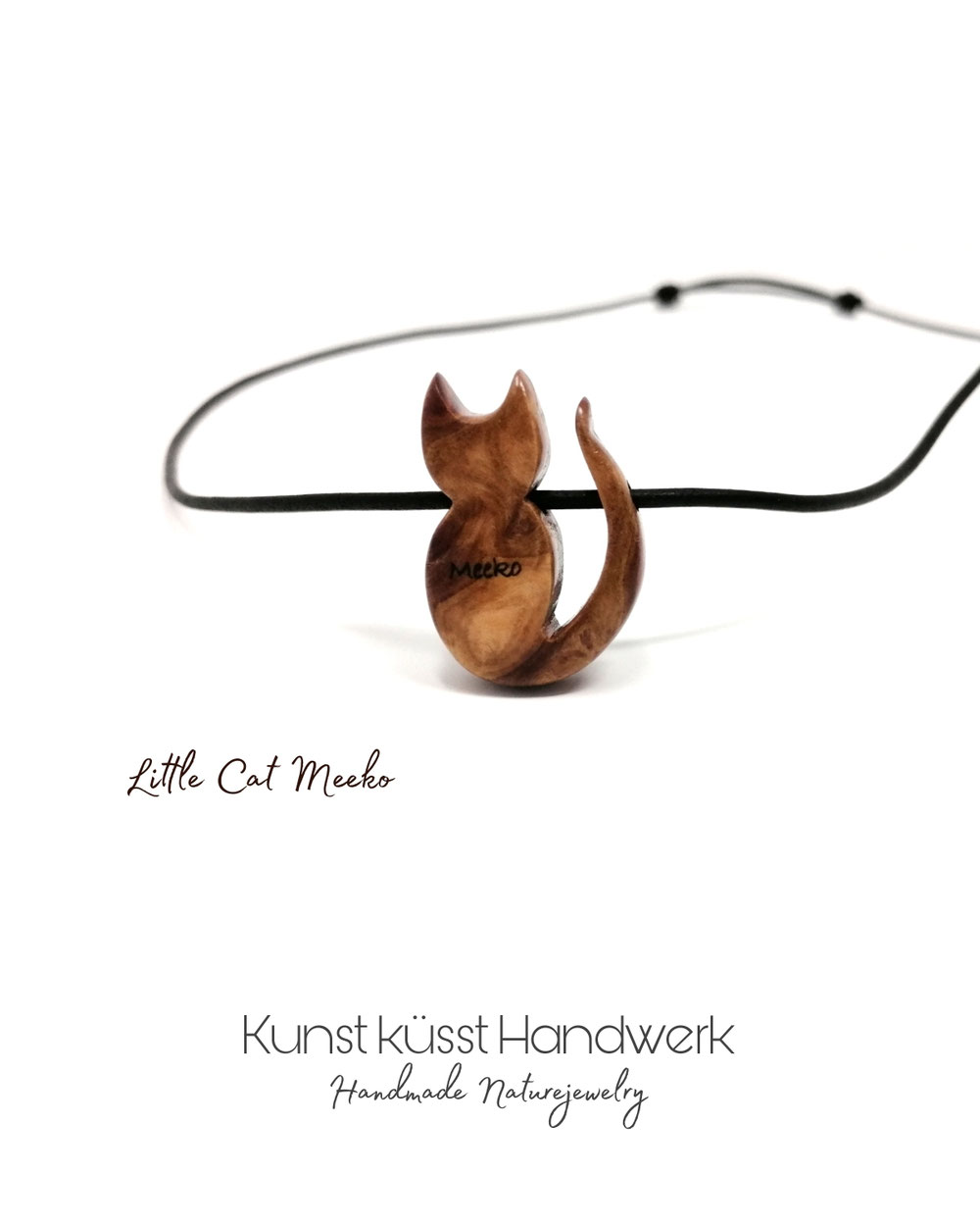 Lederkette mit Little Cat Meeko aus Goldfield Maserholz & Gravur nach Wunsch! 