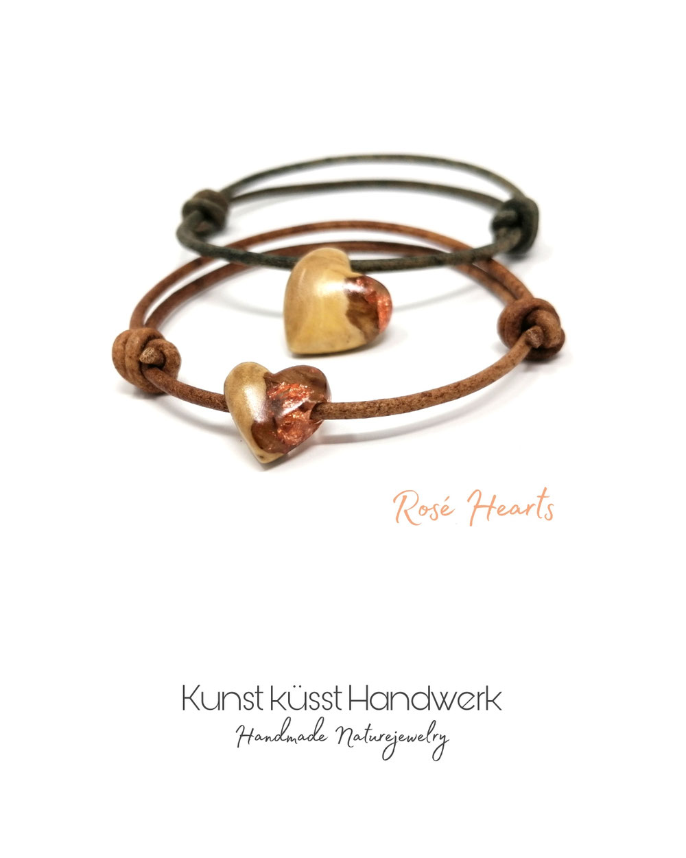 Lederarmband mit Herz aus Rosé Blattgold in Diamond Resin & Goldfield Maserholz! 