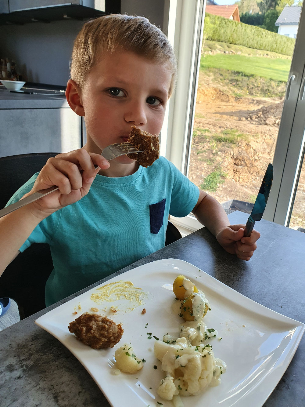 Frikadellen überzeugen immer. Meinen Männern ist auch nicht aufgefallen, dass ich Puten- statt gemischtes Hackfleisch verwendet habe. Putenhackfleisch hat nur halb so viele Kalorien. Die Senfsoße ist erstaunlicher Weise nur mit Frischkäse gemacht, also sehr Figurfreundlich und wurde geschmacklich sogar auf eine Sahnesenfsoße geschätzt 😳