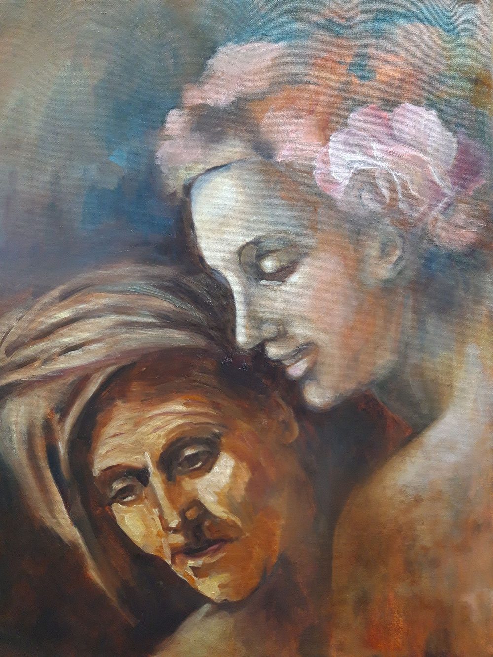 Rose und Holz, 2026, Öl auf Leinwand, 50x60