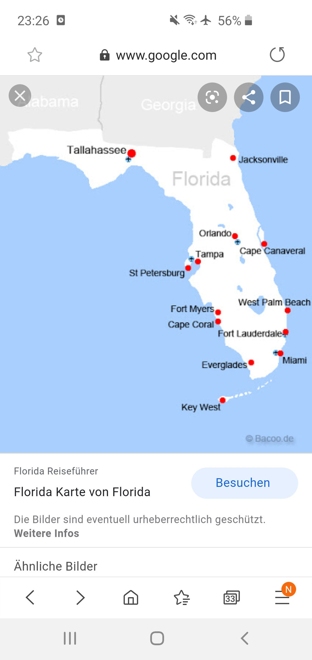 Mal eine Karte von Florida zur Orientierung. Unsere Rundreise geht von Miami nach Key West durch die Everglades nach Fort Myers Beach, einen Tag runter nach Cape Coral und wieder zurück nach Miami (Tampa fiel aufgrund Corona für uns aus)