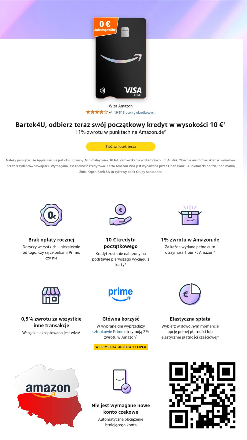 AMAZON VISA POLSKA (za darmo, bez oplat rocznych + 10 € na start)
