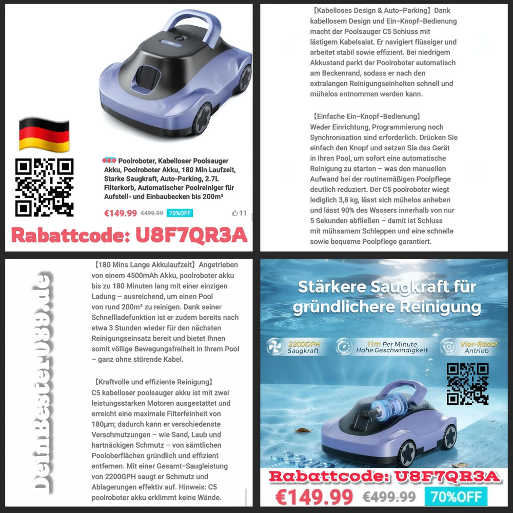 Poolroboter, Kabelloser Poolsauger Akku, Poolroboter Akku, 180 Min Laufzeit, Starke Saugkraft, Auto-Parking, 2.7L Filterkorb, Automatischer Poolreiniger für Aufstell- und Einbaubecken bis 200m²