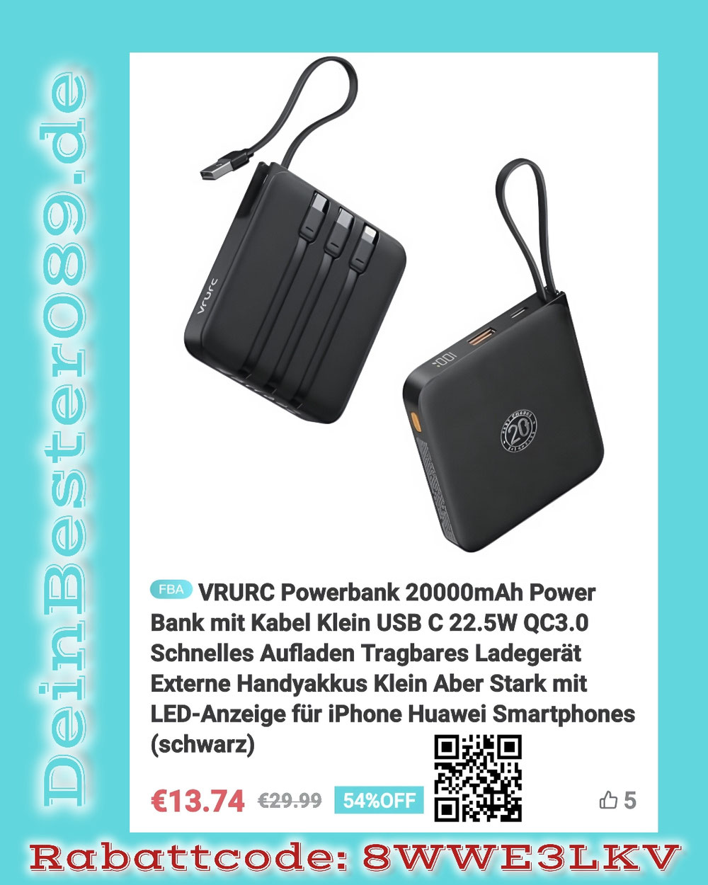 Powerbank, 20000mAh, klein, schnelles Aufladen