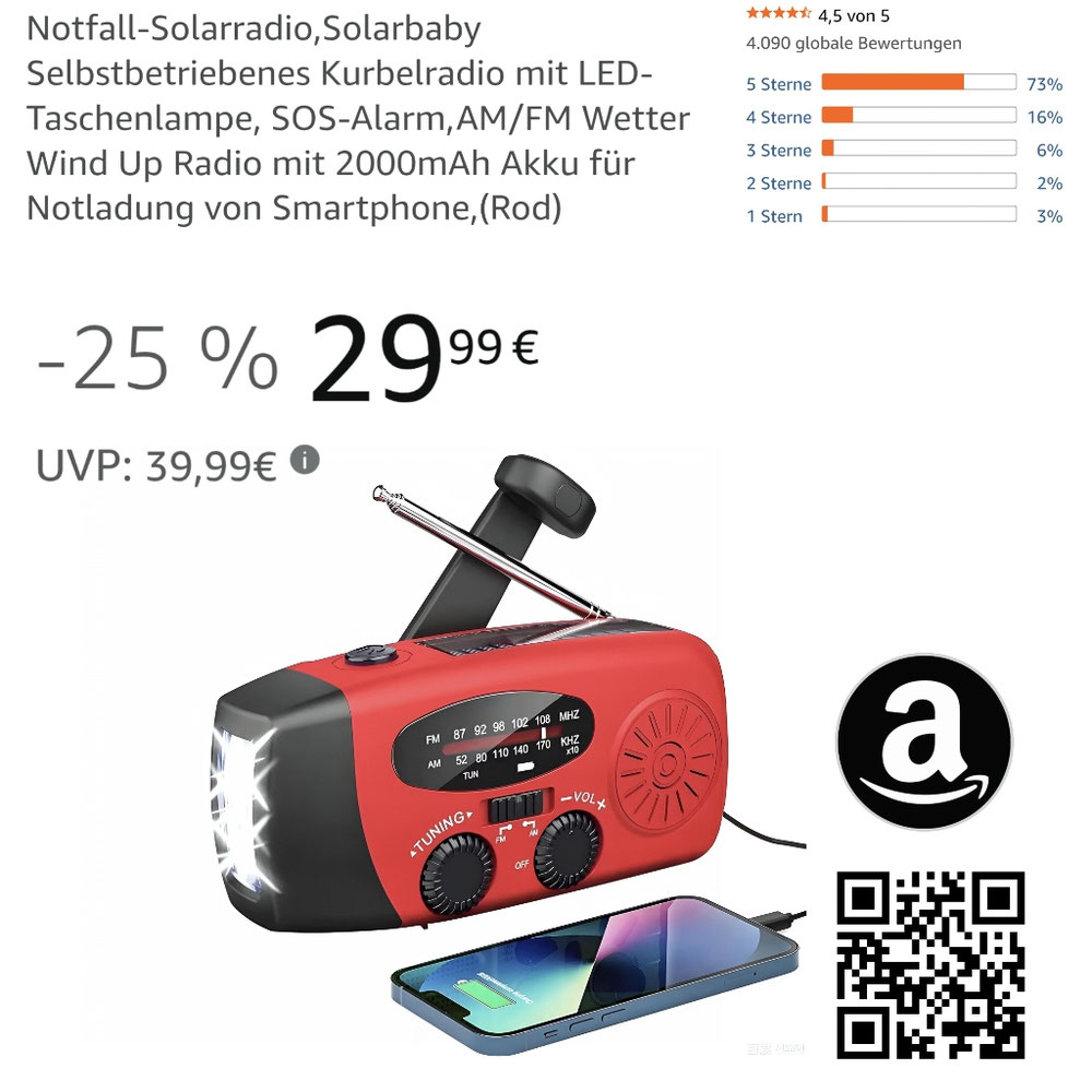 NOTFALL Handkurbelradio mit LED Taschenlampe (Amazon)