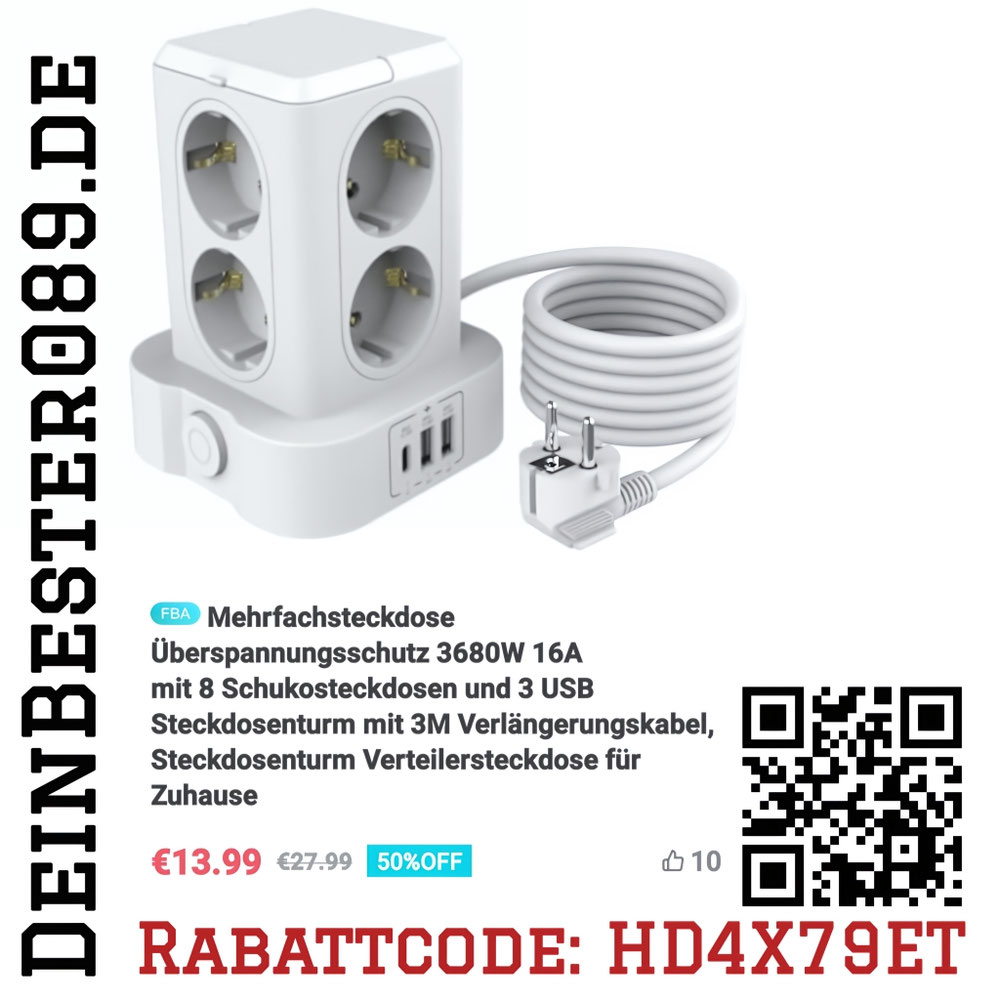 Mehrfachsteckdose Überspannungsschutz 3680W, 16A, 8 Steckdosen und 3 USB-Steckdosen