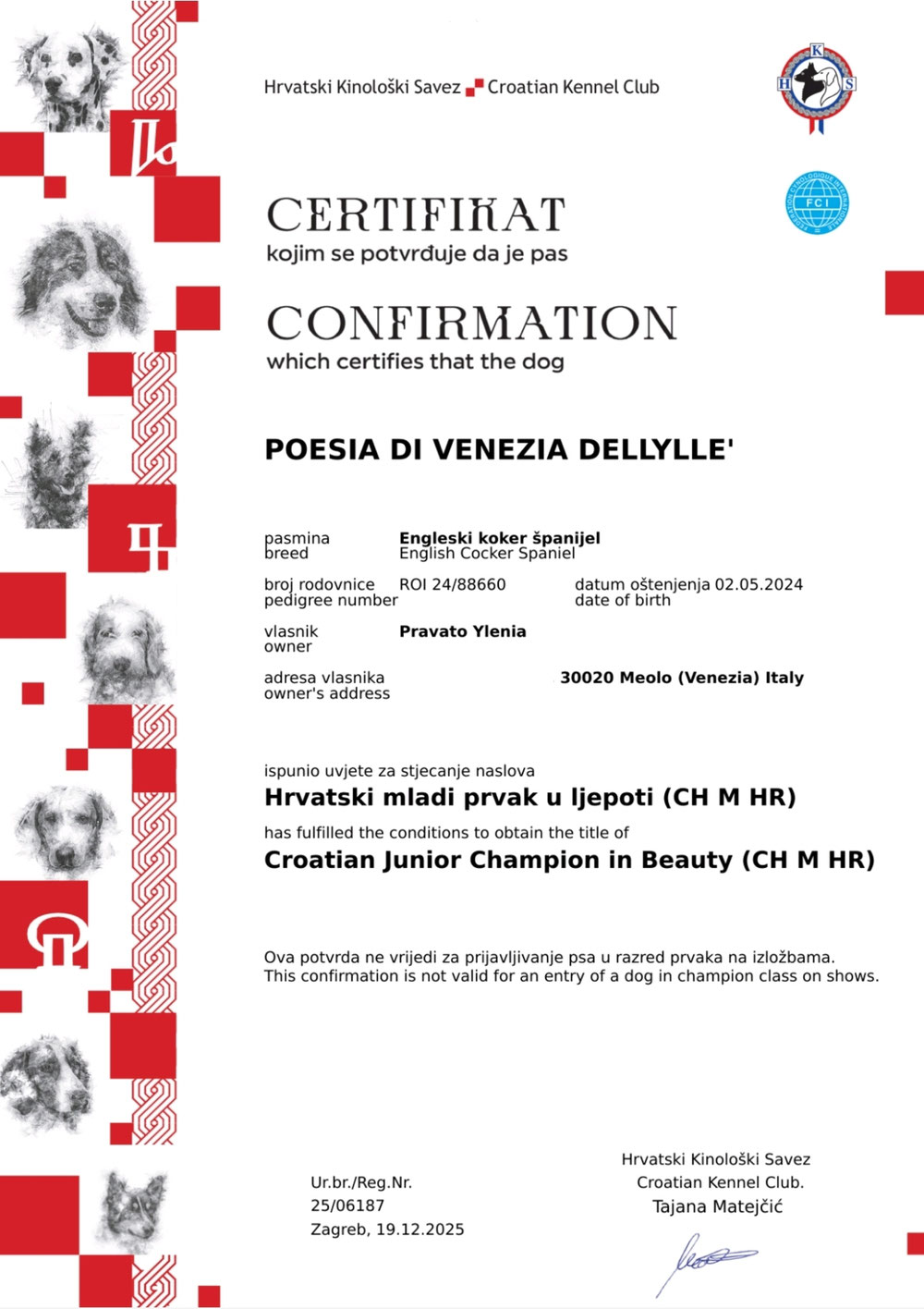 Diploma di Campionessa giovane Croata di bellezza 