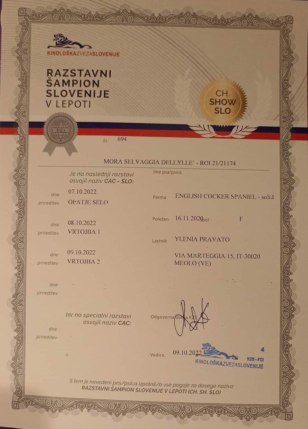 Diploma di Campionessa Slovena 🏆