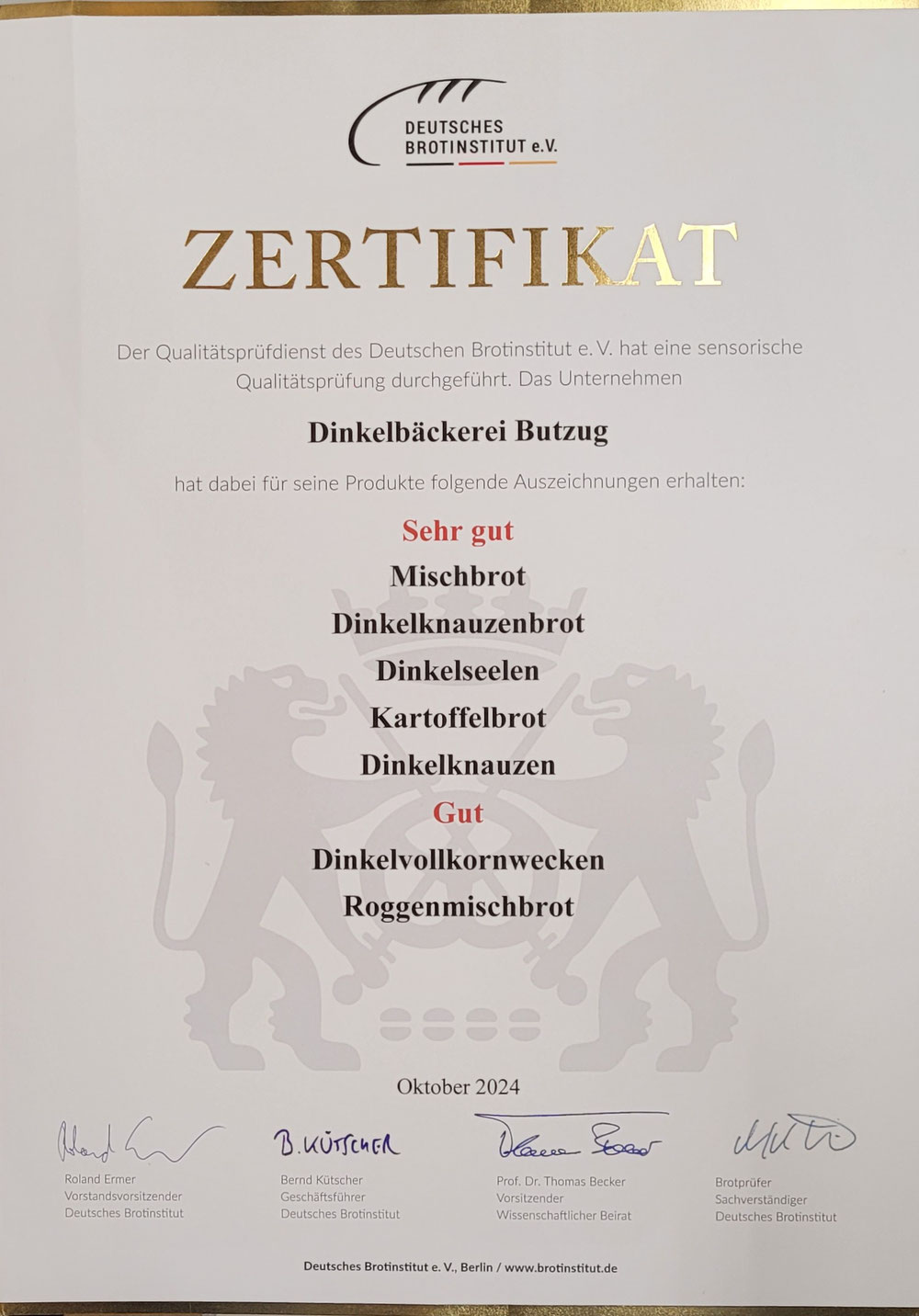 Zertifikat des Deutschen Brotinstitut e.V. für die Dinkelbäckerei Butzug, Oktober 2024