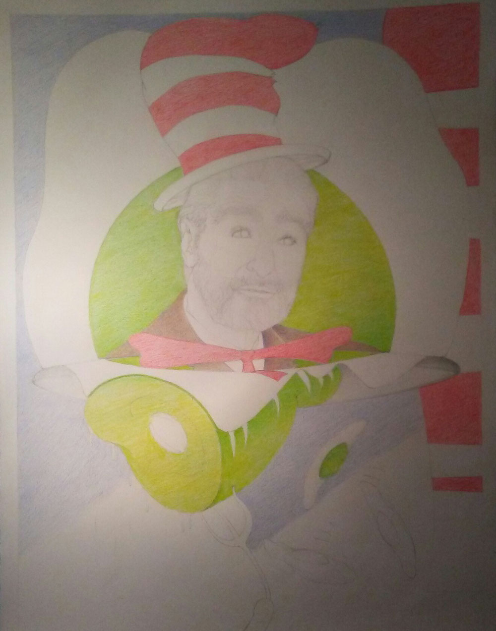 ©️2020 The Cool Cat in the Hat ~ Dr. Seuss 'Egged On'...This is an 18"x 24" watercolor pencil painted illustration that I've designed and drawn in honor of the most 'uniquely' popular children's book writer of all time to me~