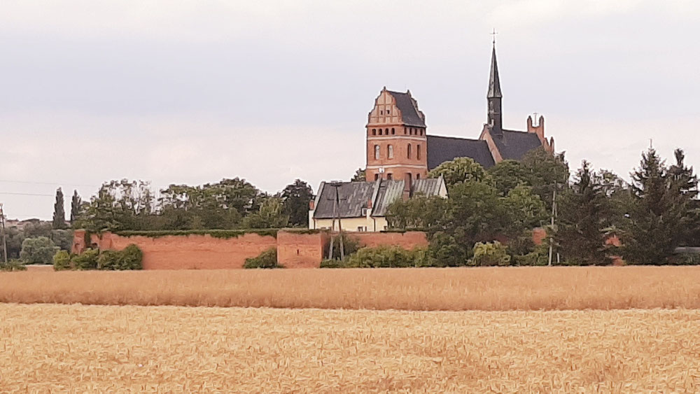 Kathedrale aus dem 13.Jahrh. am ersten Standort von Swiecie. Heute liegt die Stadt höher am Hang. So steht die Kirche ganz für  sich in den Feldern. 