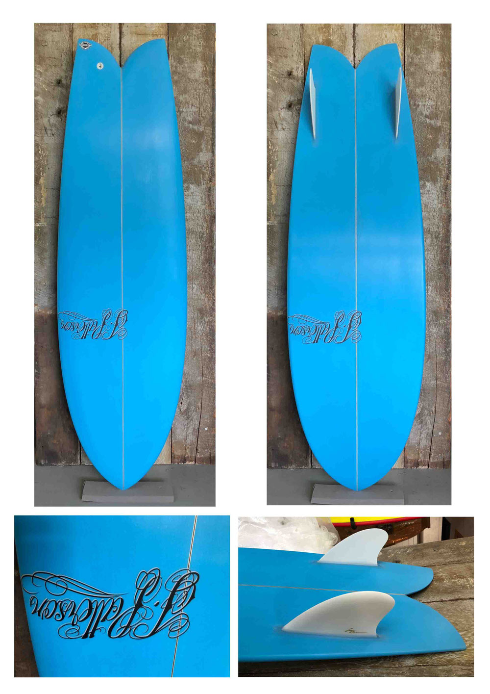 5’7” X 20.10” X 2.22”  ラミネート　デッキ：4+4テールパッチ　ボトム：4  スタボロンカスタムハンドメイドフィンオン  スプレー　前面ターコイズブルー  