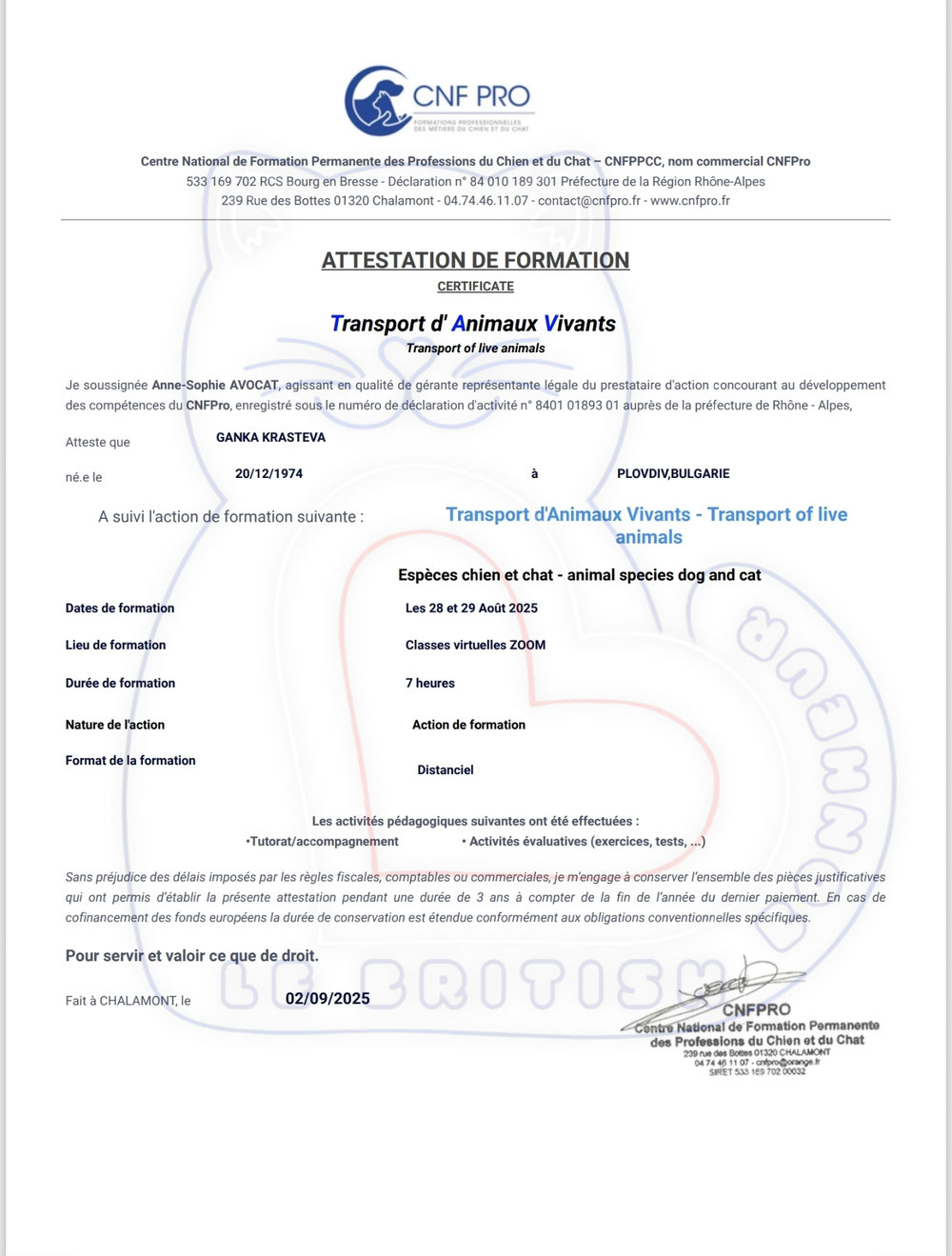 Attestation de formation TAV