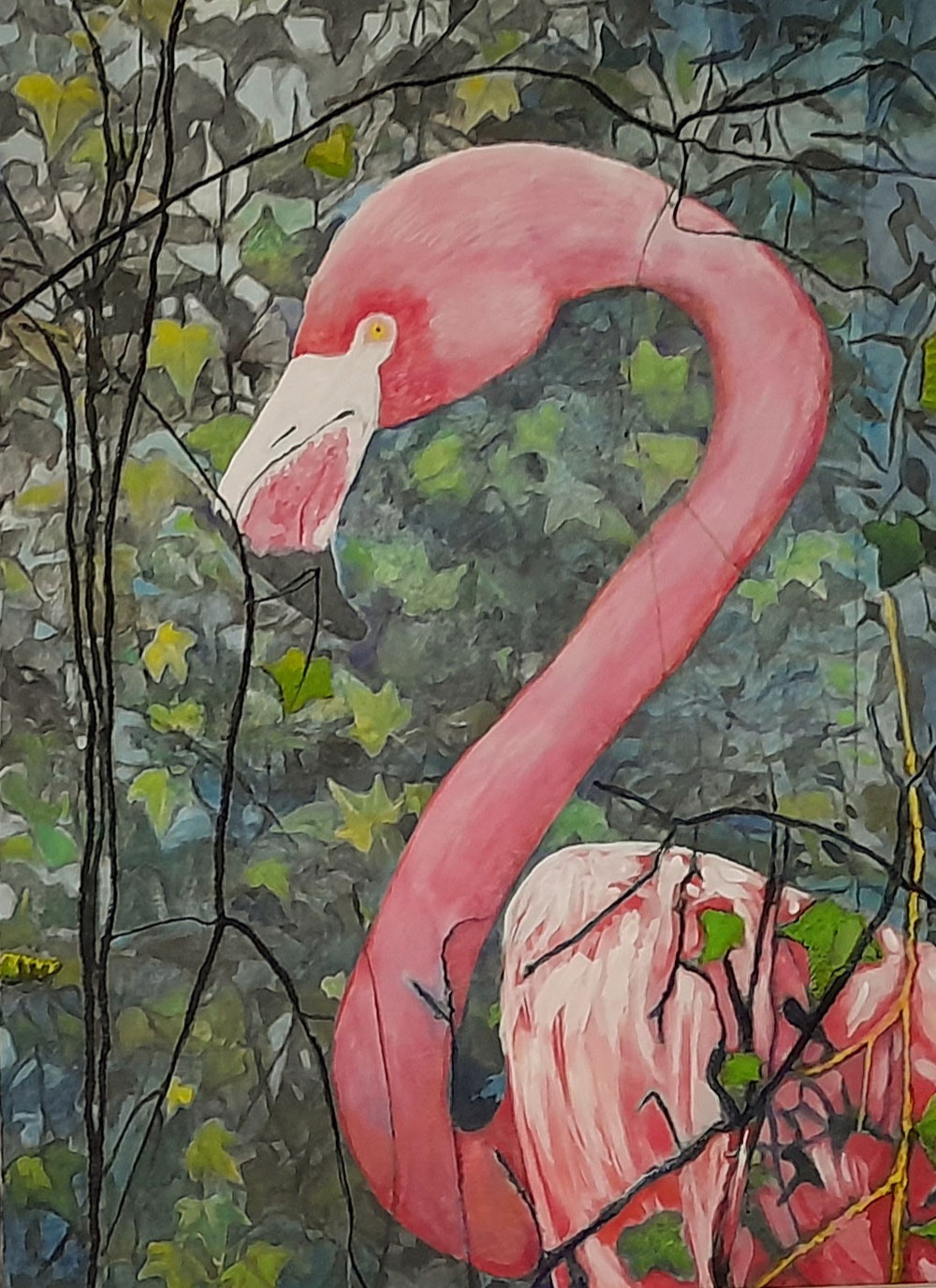 Flamingo verdwaald. Op doek, acrylverf en borduurzijde