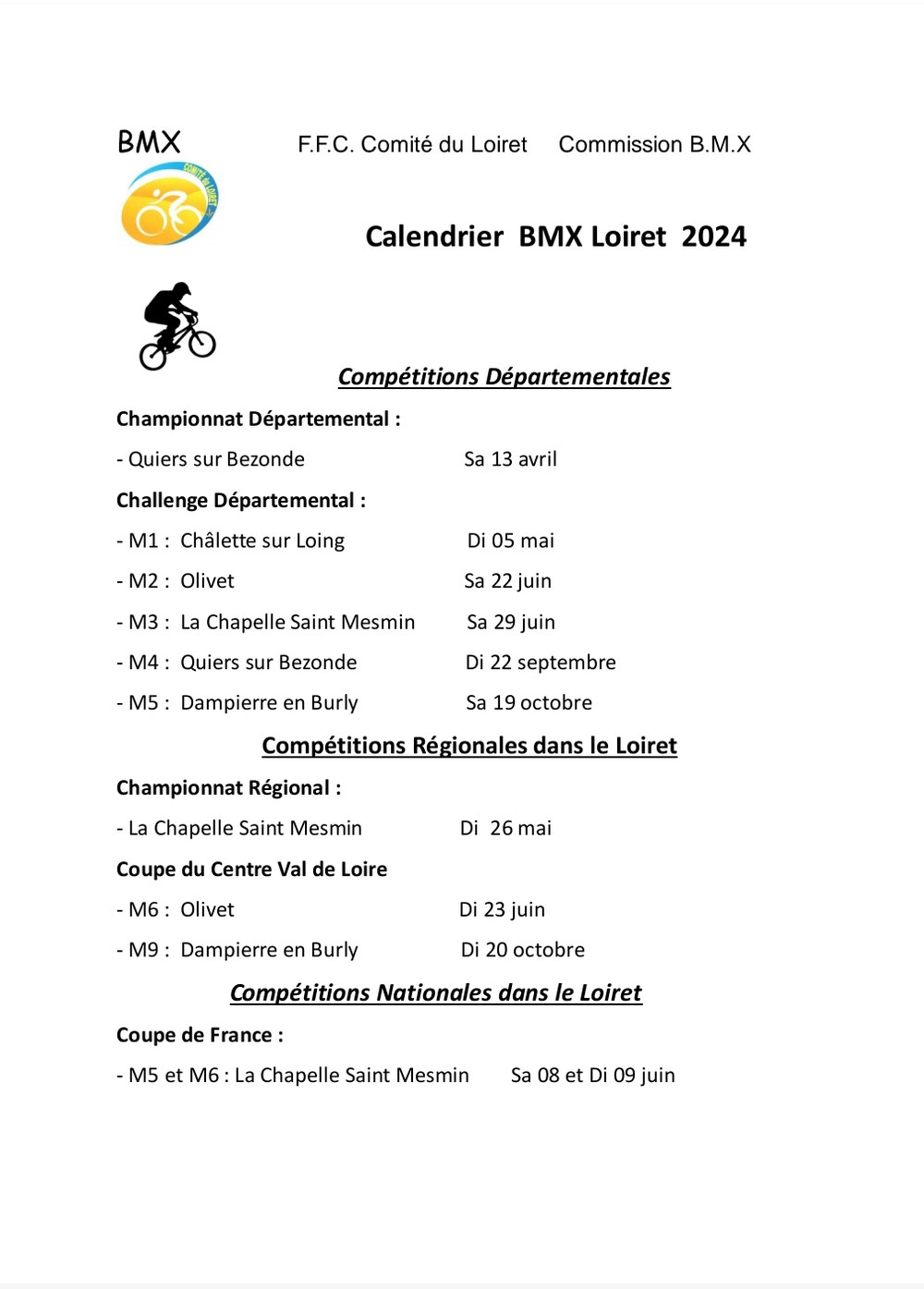 Calendrier BMX Loiret 