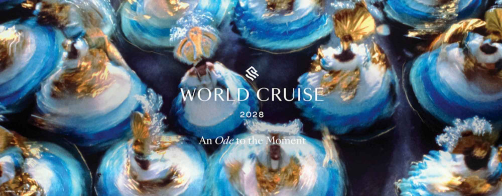 Silversea Weltreise 2028  Eine Ode an den Moment Header mit tanzenden Frauen in blauen Kleidern