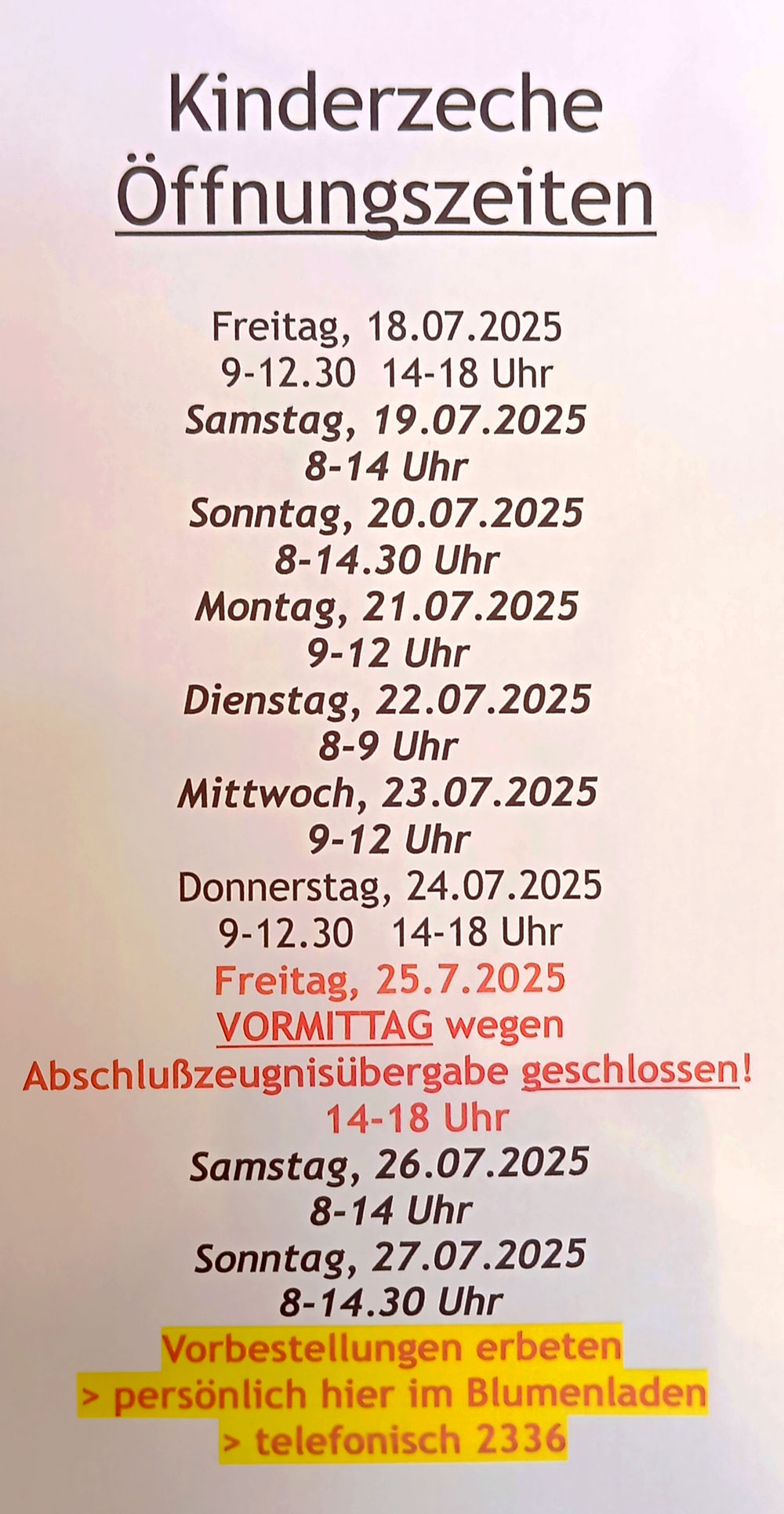Öffnungszeiten Kinderzeche 2025