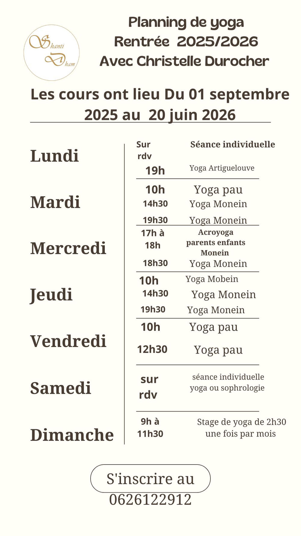 Planning des cours collectifs de yoga à Pau. Monein et Artiguelouve avec Christelle Durocher 