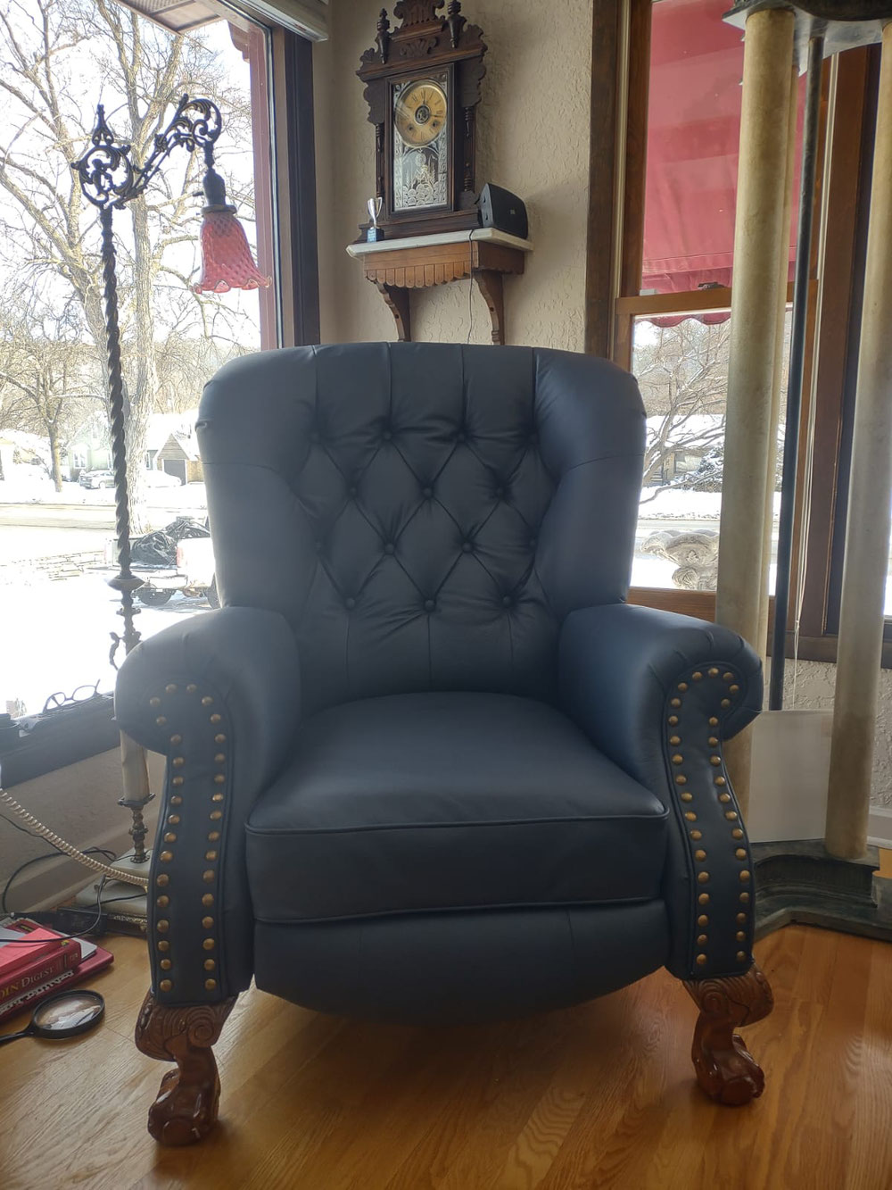 A newly completed chair back in its home. 