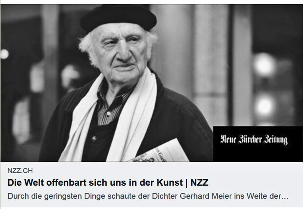 Gerhard Meier Schriftsteller, Neue Zürcher Zeitung NZZ, Rainer Moritz: Die Welt offenbart sich uns in der Kunst. Sein literarisches Werk gehört zum Bedeutendsten in der deutschsprachigen Literatur des 20. Jahrhunderts. Pedro Meier, Niederbipp alias Amrain