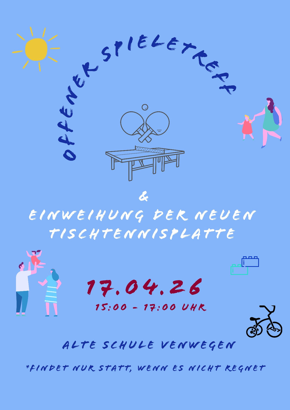 ● Offener Spieletreff & Einweihung der neuen Tischtennisplatte ● Alle, die mögen, sind herzlich eingeladen vorbeizuschauen und eine Runde Tischtennis zu spielen oder einfach zu quatschen. Die anderen Spiele für die Kinder können auf dem Schulhof ebenfalls genutzt werden. Wir freuen uns ☀️😊 17.04.26 15-17Uhr